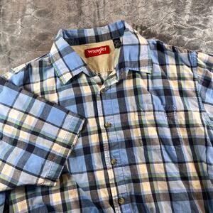 Wrangler Mens Plaid Short Sleeve Button Up Shirt 2XL Blue Yellow Green Casual